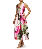 Kay Unger Vneck Sleeveless Floral Placement Print Fit & Flare Midi Dress
