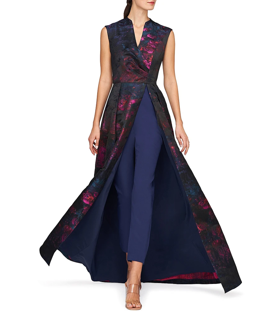 Kay Unger Wilhelmina Floral Jacquard Split V-Neck Sleeveless Straight Leg Pleated Walk Through Gown