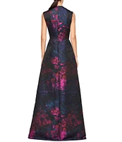 Kay Unger Wilhelmina Floral Jacquard Split V-Neck Sleeveless Straight Leg Pleated Walk Through Gown