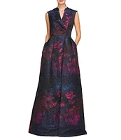 Kay Unger Wilhelmina Floral Jacquard Split V-Neck Sleeveless Straight Leg Pleated Walk Through Gown