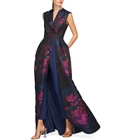 Kay Unger Wilhelmina Floral Jacquard Split V-Neck Sleeveless Straight Leg Pleated Walk Through Gown