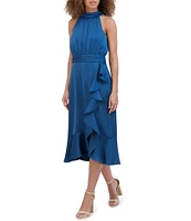 Kensie Chiffon Halter Neck Sleeveless Wrap Cascading Ruffle Trim Midi Dress