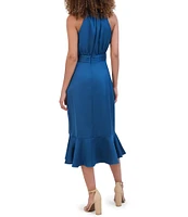 Kensie Chiffon Halter Neck Sleeveless Wrap Cascading Ruffle Trim Midi Dress