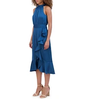 Kensie Chiffon Halter Neck Sleeveless Wrap Cascading Ruffle Trim Midi Dress