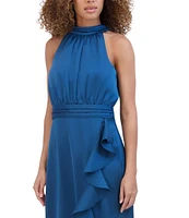 Kensie Chiffon Halter Neck Sleeveless Wrap Cascading Ruffle Trim Midi Dress