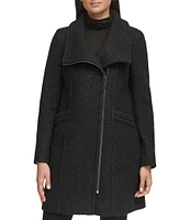 Kenneth Cole New York Boucle Wood Stand Collar Asymmetrical Front Zip Single Breasted Coat