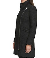 Kenneth Cole New York Boucle Wood Stand Collar Asymmetrical Front Zip Single Breasted Coat