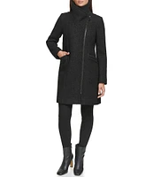 Kenneth Cole New York Boucle Wood Stand Collar Asymmetrical Front Zip Single Breasted Coat