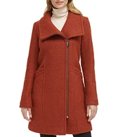 Kenneth Cole New York Boucle Wood Stand Collar Asymmetrical Front Zip Single Breasted Coat