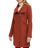 Kenneth Cole New York Boucle Wood Stand Collar Asymmetrical Front Zip Single Breasted Coat