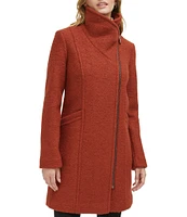 Kenneth Cole New York Boucle Wood Stand Collar Asymmetrical Front Zip Single Breasted Coat