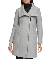 Kenneth Cole New York Boucle Wood Stand Collar Asymmetrical Front Zip Single Breasted Coat