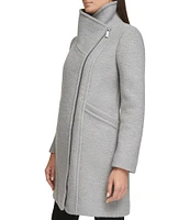 Kenneth Cole New York Boucle Wood Stand Collar Asymmetrical Front Zip Single Breasted Coat