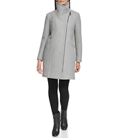 Kenneth Cole New York Boucle Wood Stand Collar Asymmetrical Front Zip Single Breasted Coat