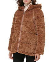 Kenneth Cole New York Faux Fur Stand Collar Hooded Long Sleeve Puffer Jacket