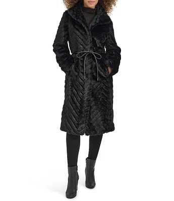 Kenneth Cole New York Textured Faux Fur Stand Collar Belted Coat