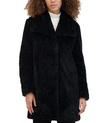 Kenneth Cole New York Textured Faux Fur Winged Collar Long Sleeve Snap Front Coat