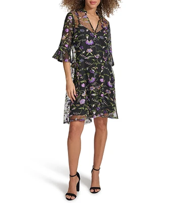 Kensie Bell Sleeve Embroidered Shift Dress