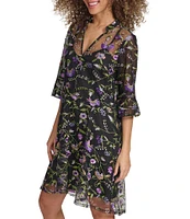 Kensie Bell Sleeve Embroidered Shift Dress