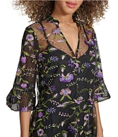 Kensie Bell Sleeve Embroidered Shift Dress