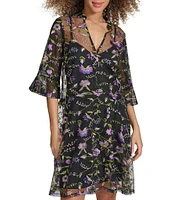 Kensie Bell Sleeve Embroidered Shift Dress