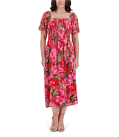 Kensie Chiffon Floral Print Square Neck Short Sleeve A-Line Midi Dress