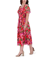 Kensie Chiffon Floral Print Square Neck Short Sleeve A-Line Midi Dress