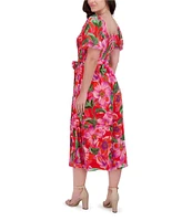 Kensie Chiffon Floral Print Square Neck Short Sleeve A-Line Midi Dress