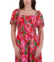 Kensie Chiffon Floral Print Square Neck Short Sleeve A-Line Midi Dress