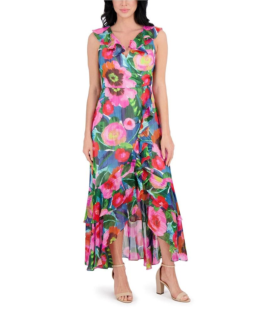 Kensie Chiffon Floral Print V Neck Sleeveless Blouson High-Low Midi Dress