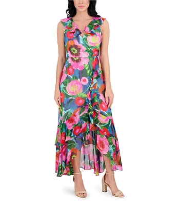 Kensie Chiffon Floral Print V Neck Sleeveless Blouson High-Low Midi Dress
