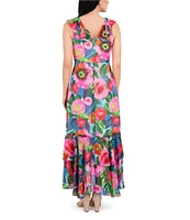 Kensie Chiffon Floral Print V Neck Sleeveless Blouson High-Low Midi Dress