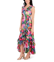 Kensie Chiffon Floral Print V Neck Sleeveless Blouson High-Low Midi Dress