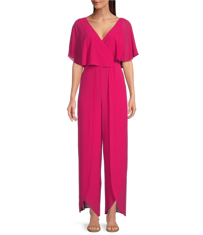 Kensie Chiffon Surplice V-Neck Short Flutter Sleeve Ruffle Overlay Wide Leg Jumpsuit