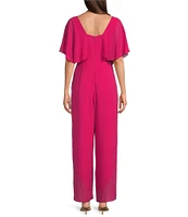 Kensie Chiffon Surplice V-Neck Short Flutter Sleeve Ruffle Overlay Wide Leg Jumpsuit