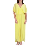 Kensie Chiffon Surplice V-Neck Short Flutter Sleeve Ruffle Overlay Wide Leg Jumpsuit