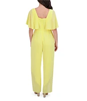 Kensie Chiffon Surplice V-Neck Short Flutter Sleeve Ruffle Overlay Wide Leg Jumpsuit