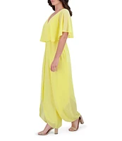 Kensie Chiffon Surplice V-Neck Short Flutter Sleeve Ruffle Overlay Wide Leg Jumpsuit