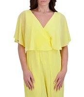 Kensie Chiffon Surplice V-Neck Short Flutter Sleeve Ruffle Overlay Wide Leg Jumpsuit