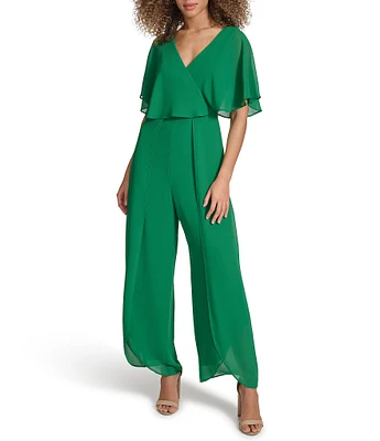 Kensie Chiffon Surplice V-Neck Short Flutter Sleeve Ruffle Overlay Wide Leg Jumpsuit