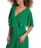 Kensie Chiffon Surplice V-Neck Short Flutter Sleeve Ruffle Overlay Wide Leg Jumpsuit