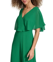 Kensie Chiffon Surplice V-Neck Short Flutter Sleeve Ruffle Overlay Wide Leg Jumpsuit