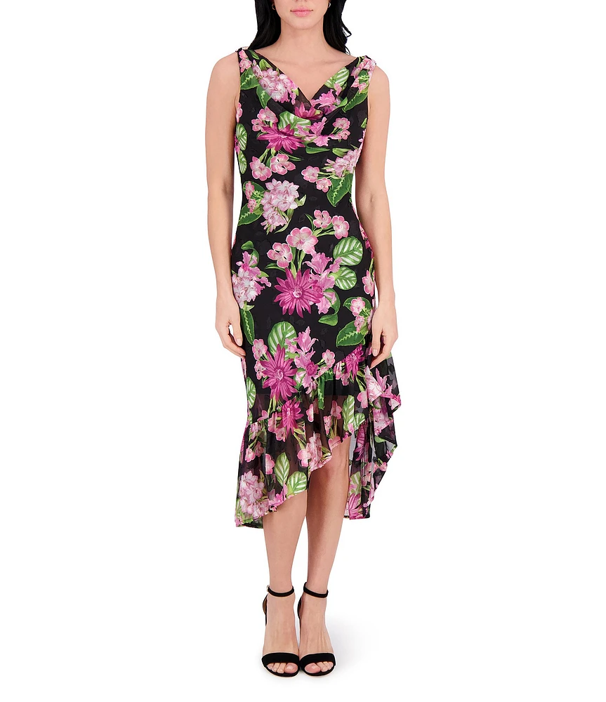Kensie Drape Neck Sleeveless Floral Printed Burnout Chiffon Ruffle Hem Sheath Midi Dress