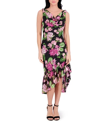 Kensie Drape Neck Sleeveless Floral Printed Burnout Chiffon Ruffle Hem Sheath Midi Dress