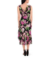 Kensie Drape Neck Sleeveless Floral Printed Burnout Chiffon Ruffle Hem Sheath Midi Dress