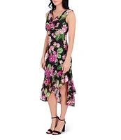 Kensie Drape Neck Sleeveless Floral Printed Burnout Chiffon Ruffle Hem Sheath Midi Dress