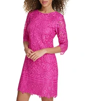 Kensie 3/4 Illusion Sleeve Contrasting Corded Floral Lace Scalloped Hem Sheath Dress