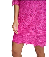 Kensie 3/4 Illusion Sleeve Contrasting Corded Floral Lace Scalloped Hem Sheath Dress