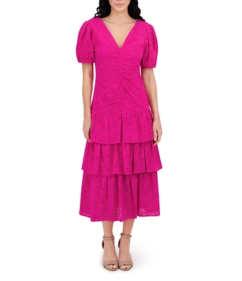 Kensie Embroidered Cotton V Neck Short Sleeve Ruched Ruffle Drop Waist Midi Dress
