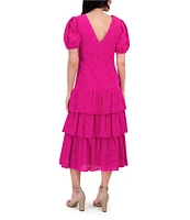 Kensie Embroidered Cotton V Neck Short Sleeve Ruched Ruffle Drop Waist Midi Dress